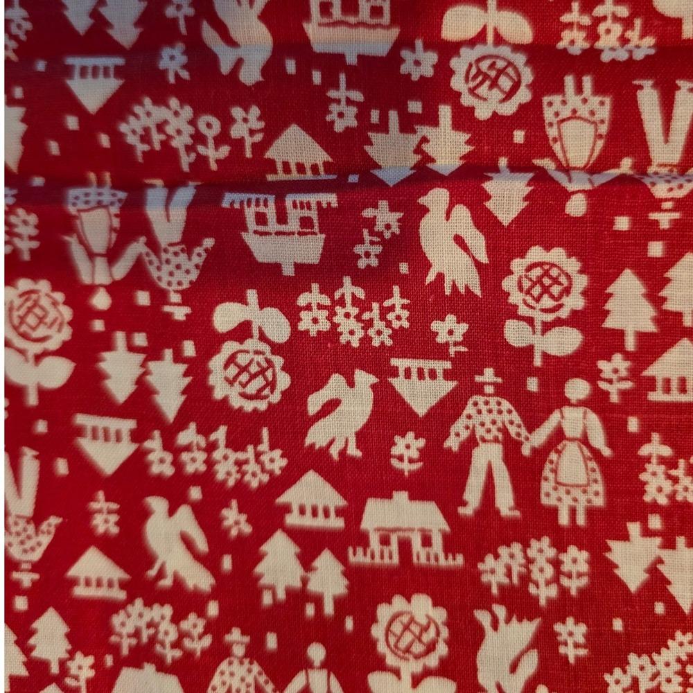 Vintage Fabric Red White Folk Art Scandinavian Print 36in x 1yd Sold by the Yard